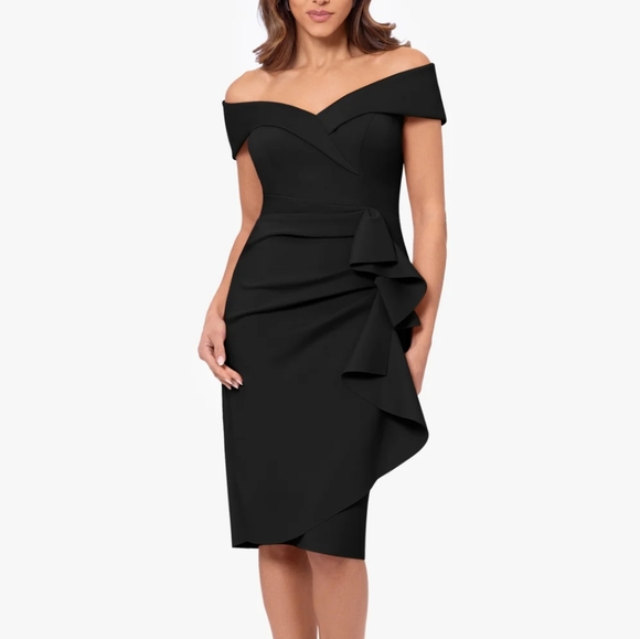 XSCAPE Women's Off Shoulder Sweetheart Ruffle Dress Black Size 6 Romantic S USA - Picture 1 of 7